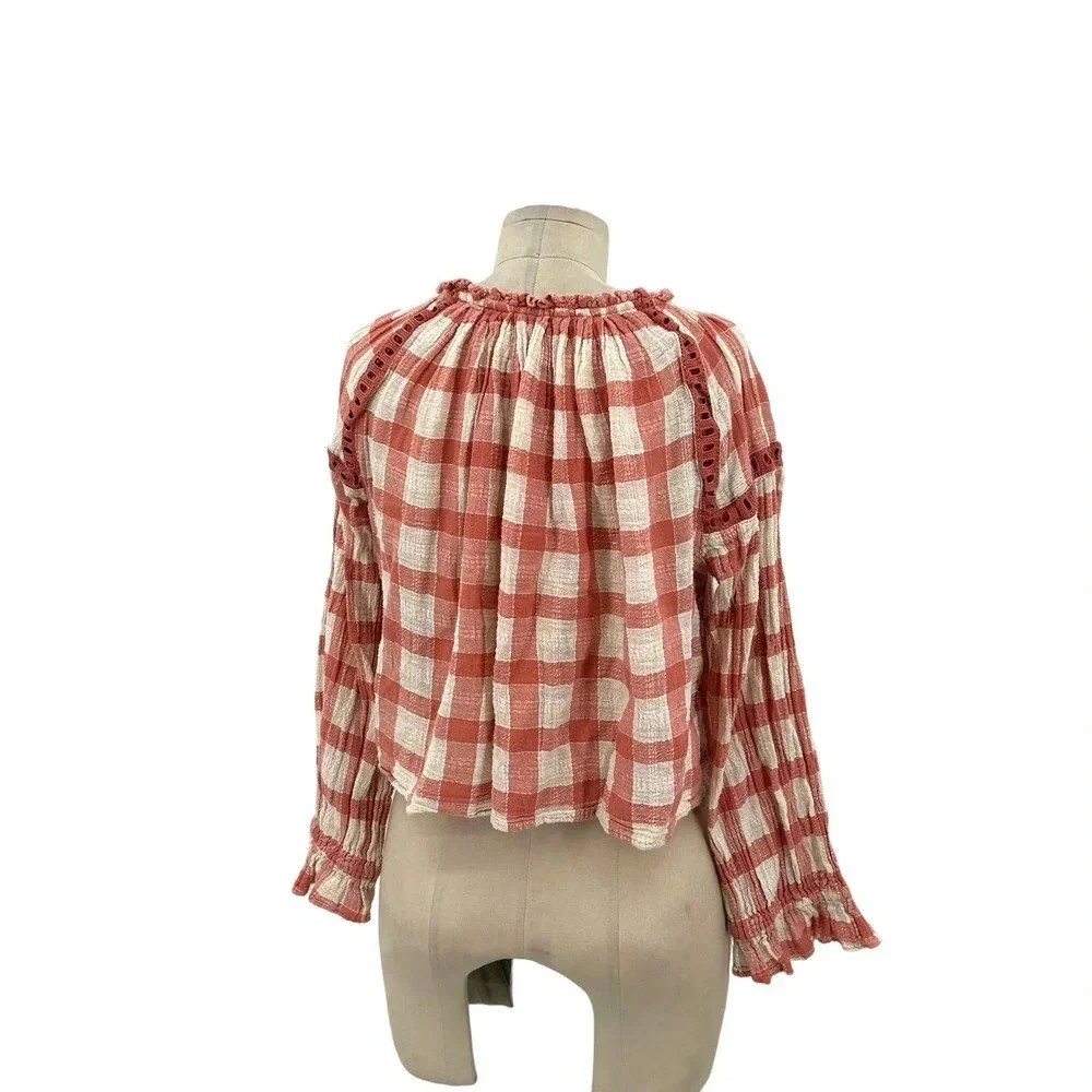 Free People Honey Grove Top Pink Cream Plaid Check Size‎ XS